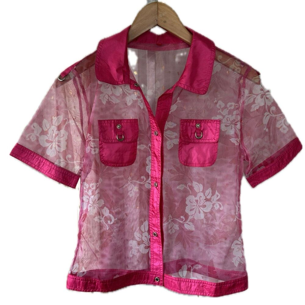 Unbranded Sheer Floral Barbiecore Button Down Collar Shirt Jacket L